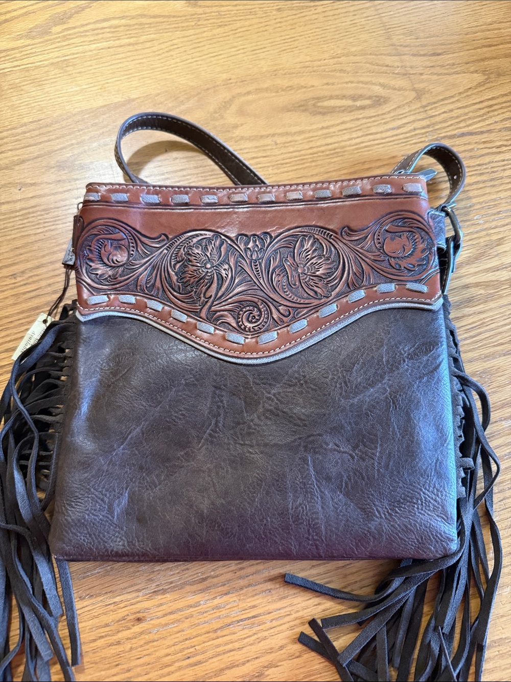 Brown Leather Fringe Crossbody Bag with Tooled Accent